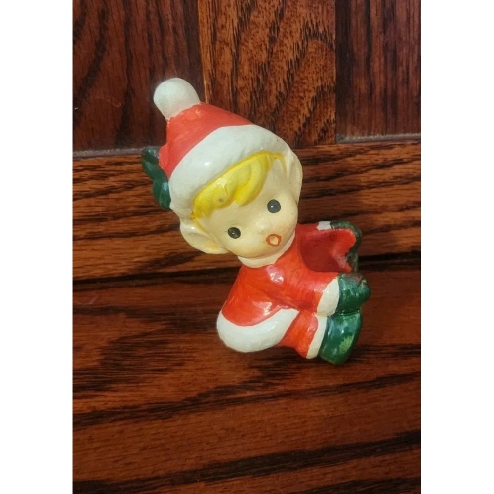 Vintage Christmas Candle Hugger Climber Boy Santa Elf Figurine Kitchy Taiwan